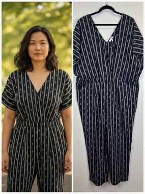 World Market NWT Stripe V-Neck Jumpsuit Size L/XL Cotton Hippie Boho Natural